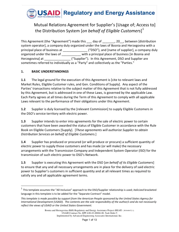BiH REAP: SUPPLIER CONTRACT TEMPLATE - DSO