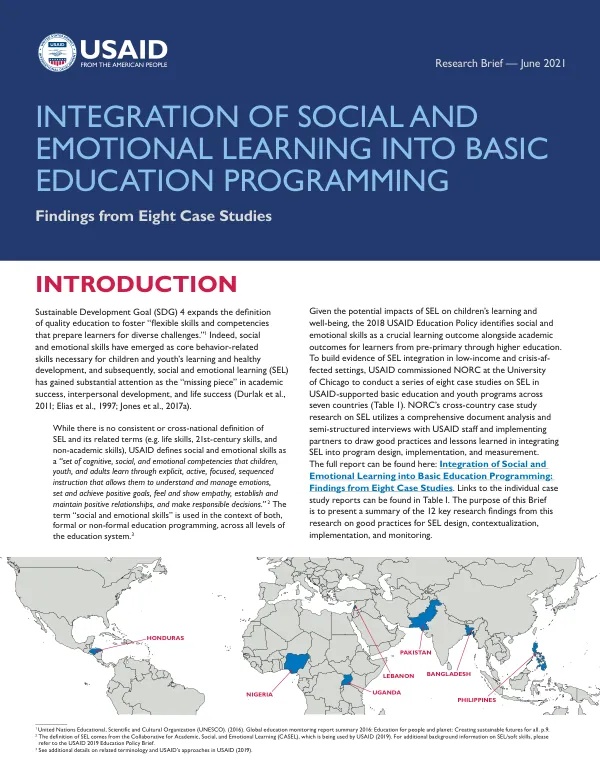 Integration of Social and Emotional Learning into Basic Education Programming: Findings from Eight Case Studies