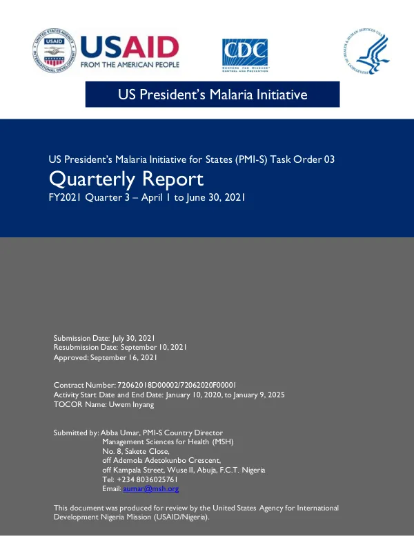 US President’s Malaria Initiative for States (PMI-S) Task Order 03 FY21 Q3 Quarterly Report
