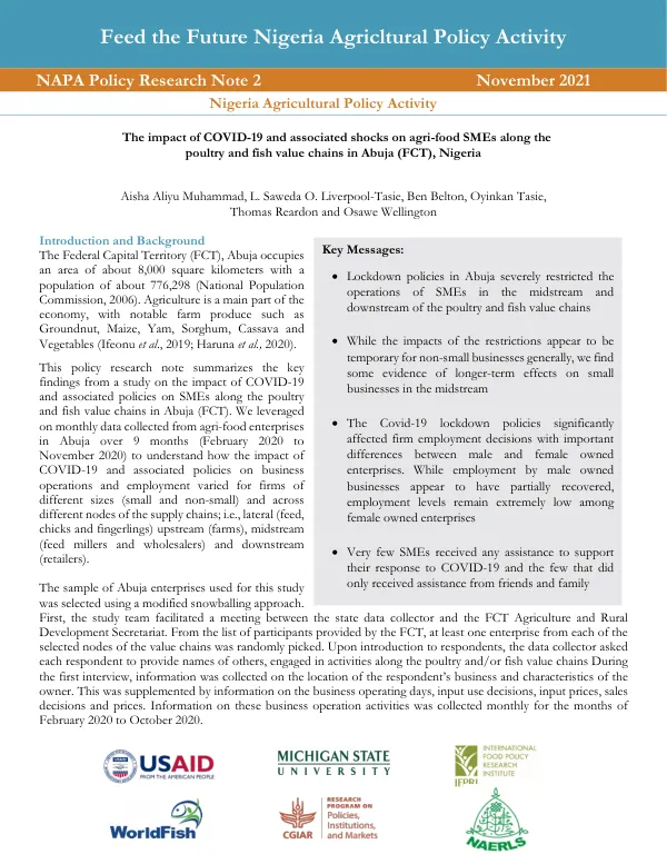 The Impact of COVID-19 and Associated Shocks on Agri-Food SMEs along the Poultry and Fish Value Chains in Abuja (FCT)