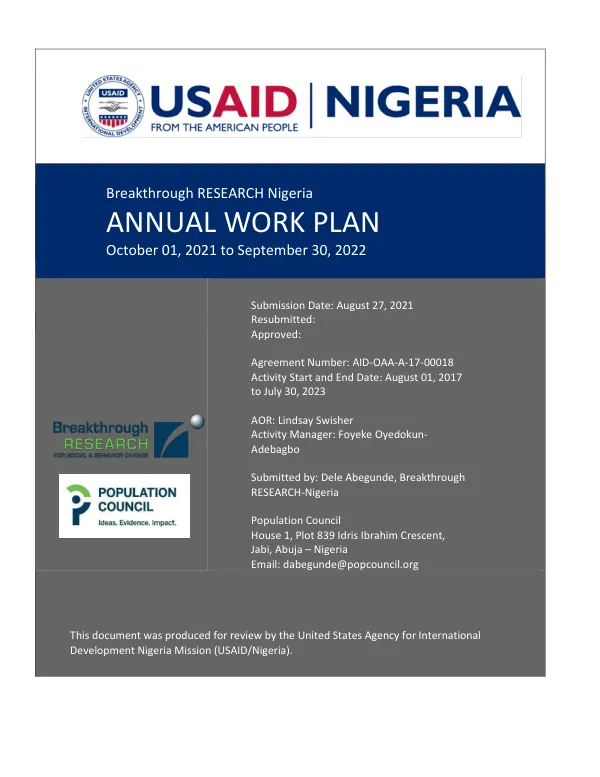 Breakthrough RESEARCH Nigeria Annual Workplan October 1, 2021 to September 30, 2022