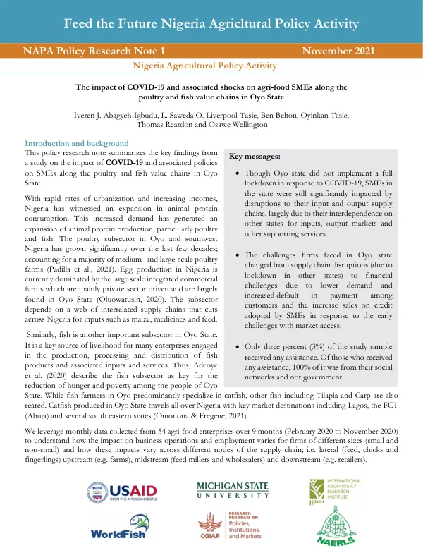 The impact of COVID-19 and Associated Shocks on Agri Food SMEs along the Poultry and Fish Value Chains in Oyo state