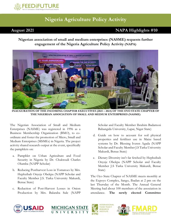 Nigerian Association of Small and Medium Enterprises (NASME) Requests Further Engagement of the Nigerian Agricultural Policy Activity (NAPA)