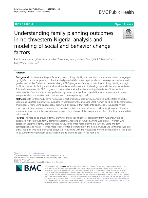 Understanding family planning outcomes in northwestern Nigeria: analysis and modeling of social and behavior change factors