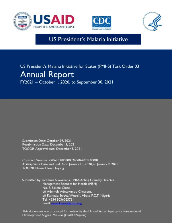 US President’s Malaria Initiative for States (PMI-S) Task Order 03 Annual Report FY2021