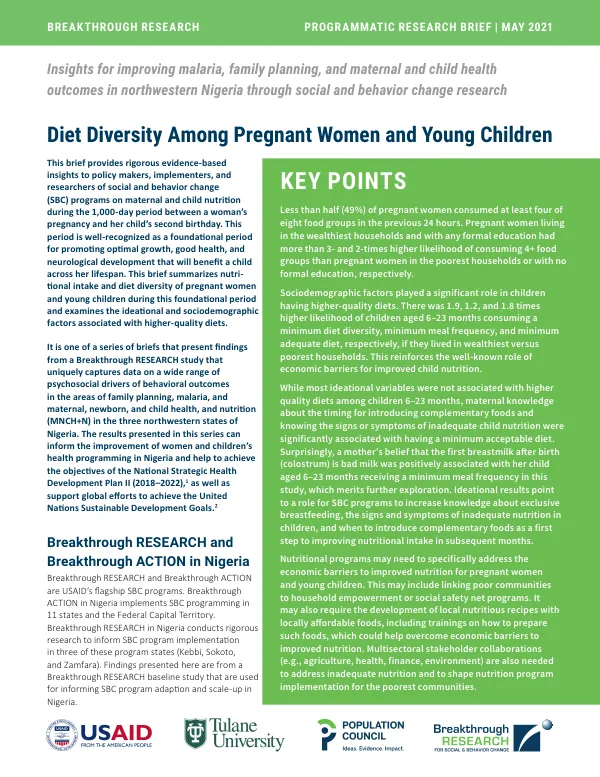 Diet diversity among pregnant women and young children—Insights for improving malaria, family planning, and maternal and child health outcomes in northwestern Nigeria through social and behavior change programming