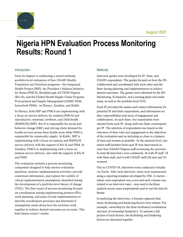 Nigeria HPN Evaluation Process Monitoring Results: Round 1