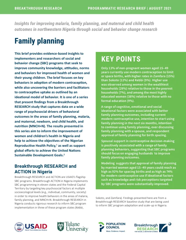 Family planning—Insights for improving malaria, family planning, and maternal and child health outcomes in northwestern Nigeria through social and behavior change programming