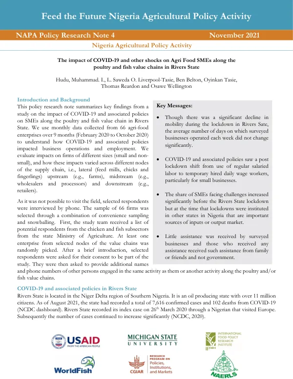 Feed the Future Nigeria Agricultural Policy Activity NAPA Policy Research Note 4 The impact of COVID-19 and other shocks on Agri Food SMEs along the poultry and fish value chains in Rivers State