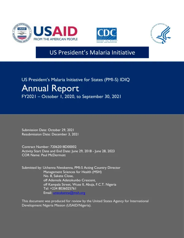 US President’s Malaria Initiative for States (PMI-S) IDIQ Annual Report FY21 (Oct 1, 2020 – Sep 30, 2021)