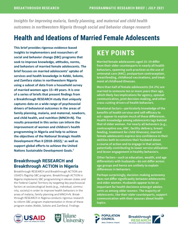 Health and Ideations of Married Female Adolescents—Insights for Improving Malaria, Family Planning, and Maternal and Child Health Outcomes in Northwestern Nigeria through Social and Behavior Change Programming