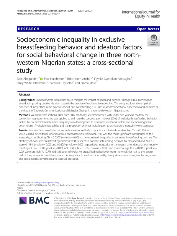 Socioeconomic inequality in exclusive breastfeeding behavior and ideation factors for social behavioral change in three north-western Nigerian states: a cross-sectional study