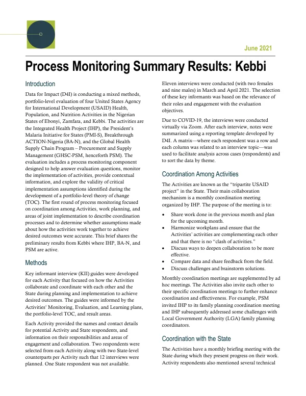 Process Monitoring Summary Results: Kebbi