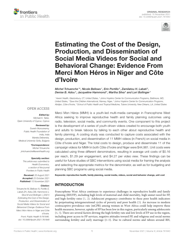 Estimating the Cost of the Design, Production, and Dissemination of Social Media Videos for Social and Behavioral Change: Evidence From Merci Mon Héros in Niger and Côte d'Ivoire