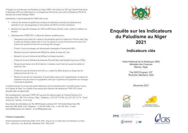 Enquête sur les Indicateurs du Paludisme au Niger 2021 Indicateurs Clés