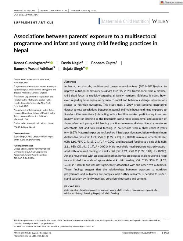 Associations between parents' exposure to a multisectoral programme and infant and young child feeding practices in Nepal