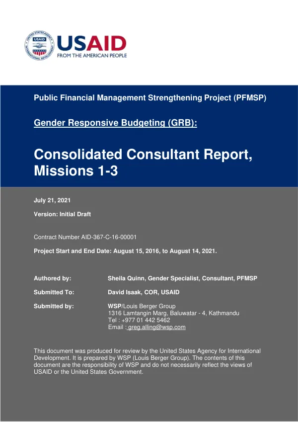 Public Financial Management Strengthening Project (PFMSP) Gender Responsive Budgeting: Consolidated Consultant Report