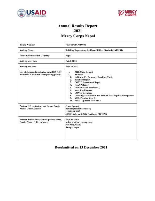Annual Results Report FY21 Building Hope Along Karnali River Basin 72DFFP20APS00001