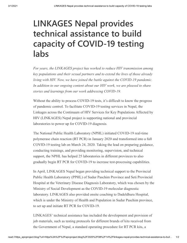 LINKAGES Nepal provides technical assistance to build capacity of COVID-19 testing labs