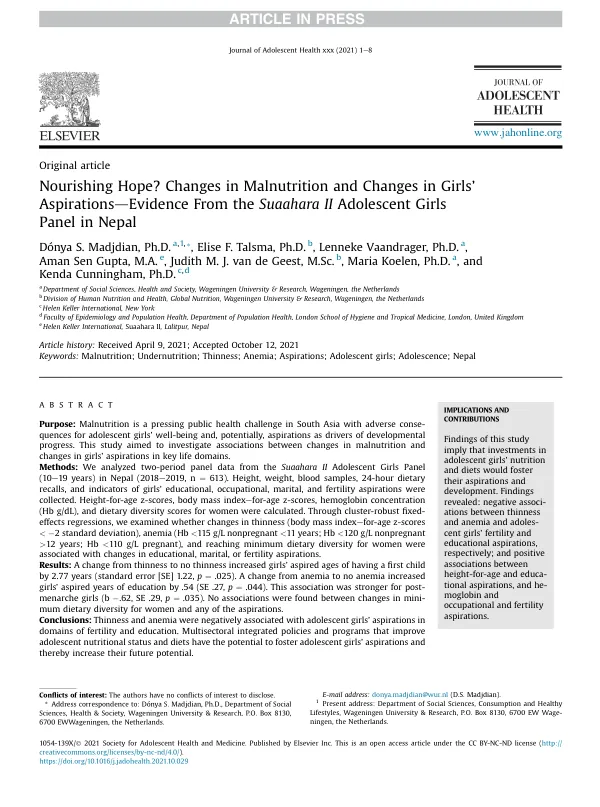Nourishing Hope? Changes in Malnutrition and Changes in Girls’ Aspirations-Evidence From the Suaahara II Adolescent Girls Panel in Nepal