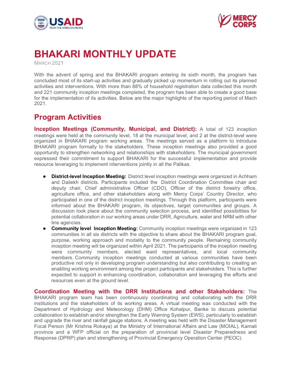 BHAKARI MONTHLY UPDATE MARCH 2021
