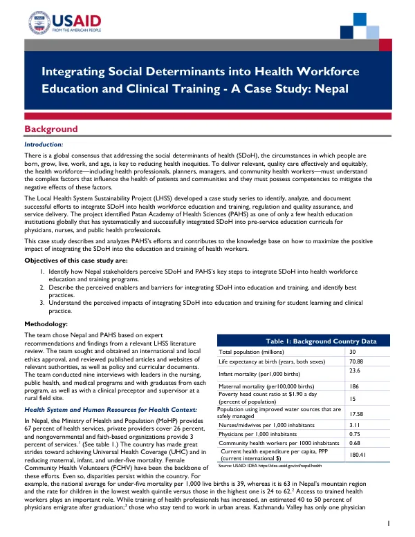 Integrating Social Determinants into Health Workforce Education and Clinical Training - A Case Study: Nepal