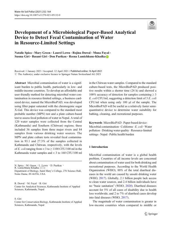 Development of a Microbiological Paper-Based Analytical Device to Detect Fecal Contamination of Water in Resource-Limited Settings
