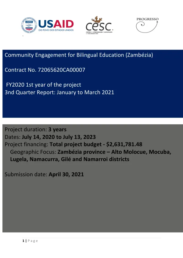 Community Engagement for Bilingual Education (Zambézia) Quarter Progress Report Jan-Mar 2021