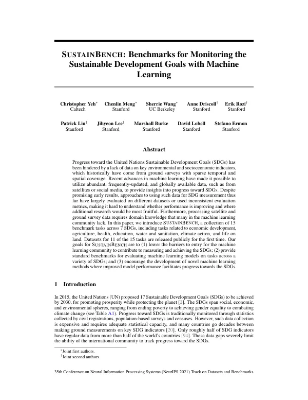 SUSTAINBENCH: Benchmarks for Monitoring the Sustainable Development Goals with Machine Learning