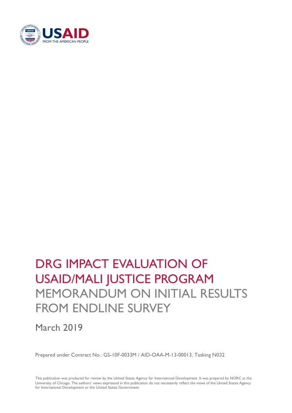 DRG impact evaluation of USAID/MALI justice program : memorandum on initial results from endline survey