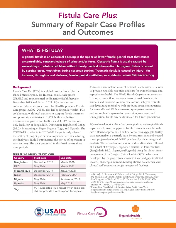 Fistula Care Plus: Summary of Repair Case Profiles and Outcomes