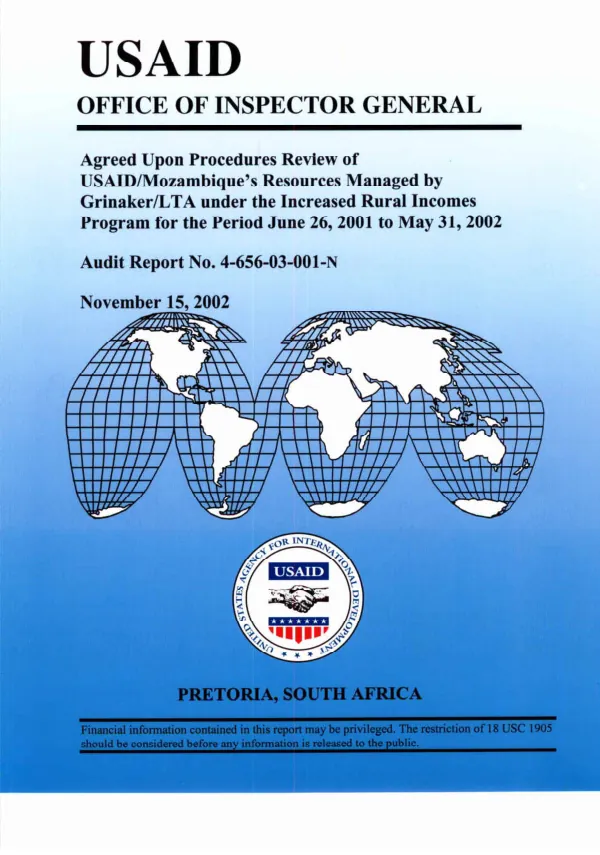 Agreed upon procedures review of USAID/Mozambique's resources managed by Grinaker/LTA under increased rural incomes program for the period June 26, 2001 to May 31, 2002