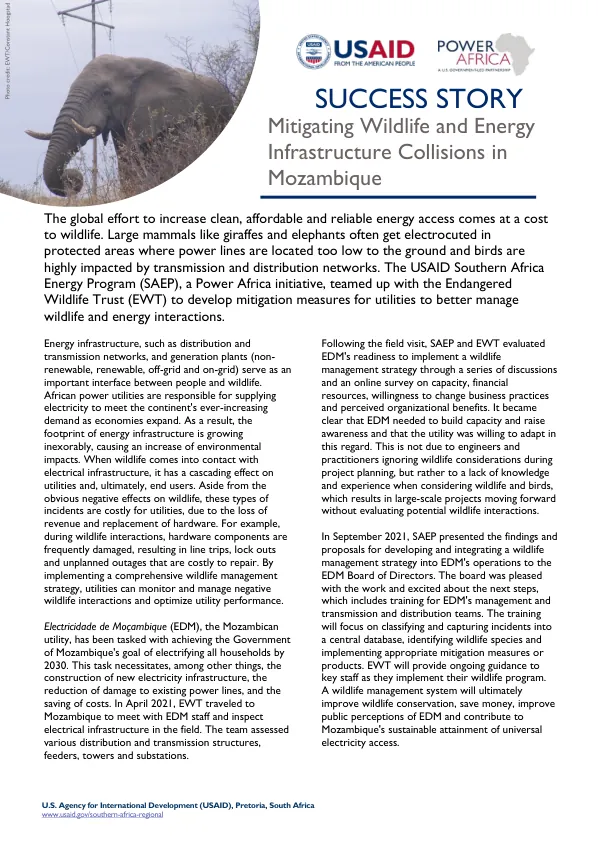 USAID Southern Africa Energy Program (SAEP) Mitigating Wildlife and Energy Infrastructure Collisions in Mozambique