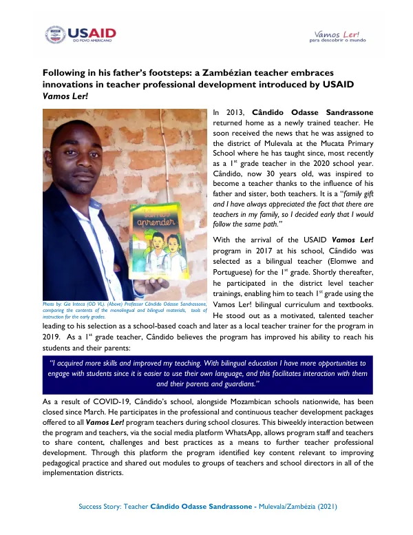 Success Story: Teacher Cândido Odasse Sandrassone - Mulevala/Zambézia (2021)