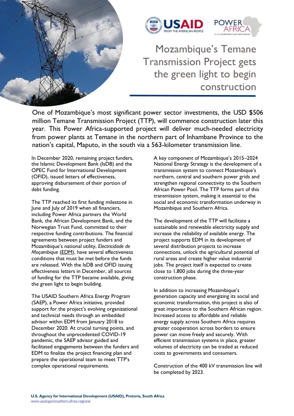 Mozambique’s Temane Transmission Project gets the green light to begin construction