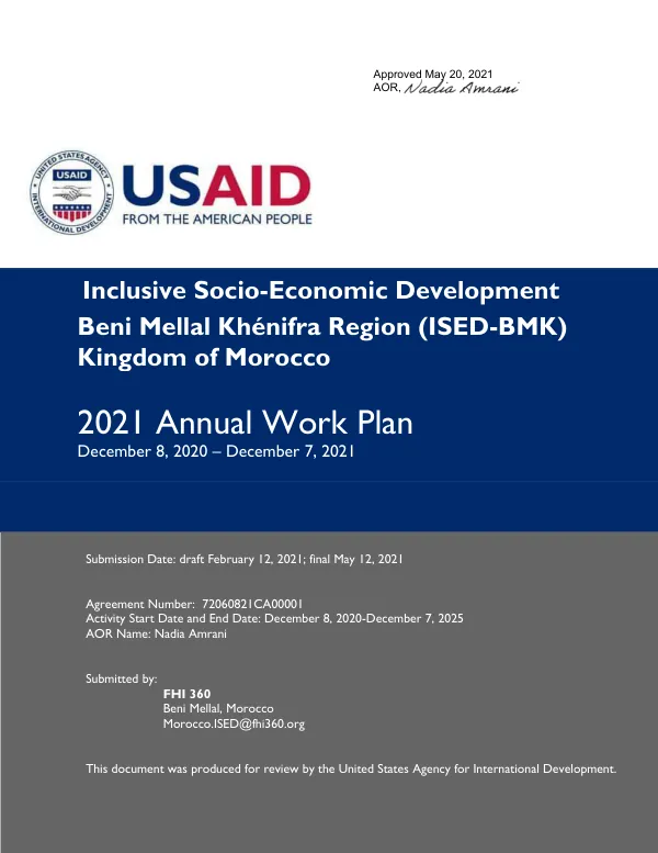 2021 Annual Work Plan for Inclusive Socio-Economic Development for the Beni Mellal-Khénifra Region (ISED-BMK)