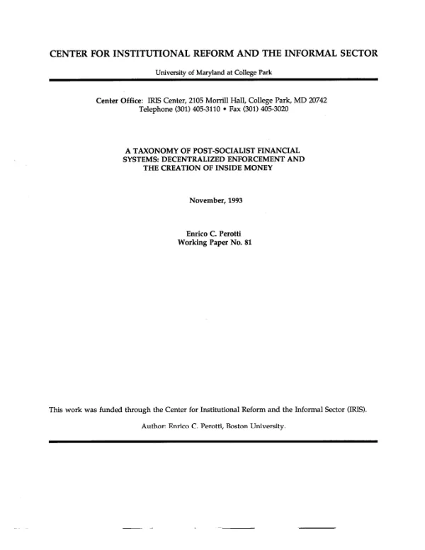 Taxonomy of post-socialist financial systems : decentralized enforcement and the creation of inside money