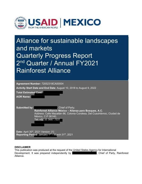 Quarterly Progress Report: Alliance for Sustainable Landscapes and Markets