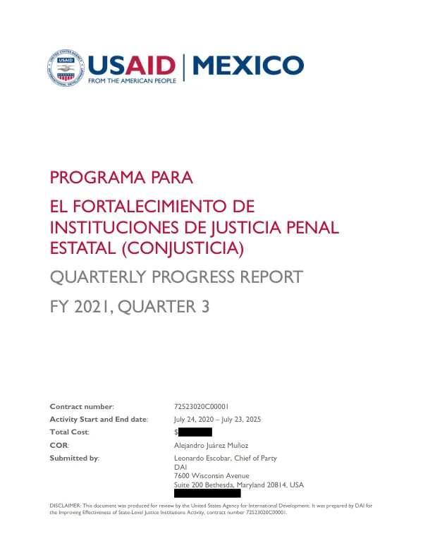 Programa para el Fortalecimiento de Instituciones de Justicia Penal Estatal (ConJusticia) Quarterly Progress Report FY 2021, Quarter 3