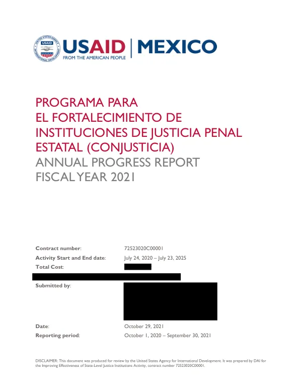 Programa para el Fortalecimiento de Instituciones de Justicia Penal Estatal (ConJusticia) Annual Progress Report Fiscal Year 2021