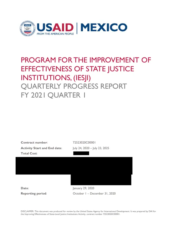 Program for the Improvement of Effectiveness of State Justice Institutions, IESJI Quarterly Progress Report FY21 Q1