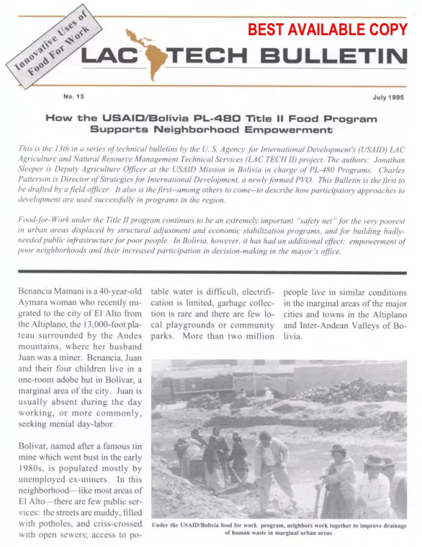 How the USAID/Bolivia PL-480 Title II food program supports neighborhood empowerment
