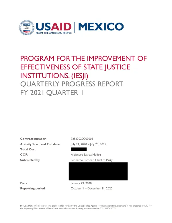 Program for the Improvement of Effectiveness of State Justice Institutions, IESJI Quarterly Progress Report FY21 Q1