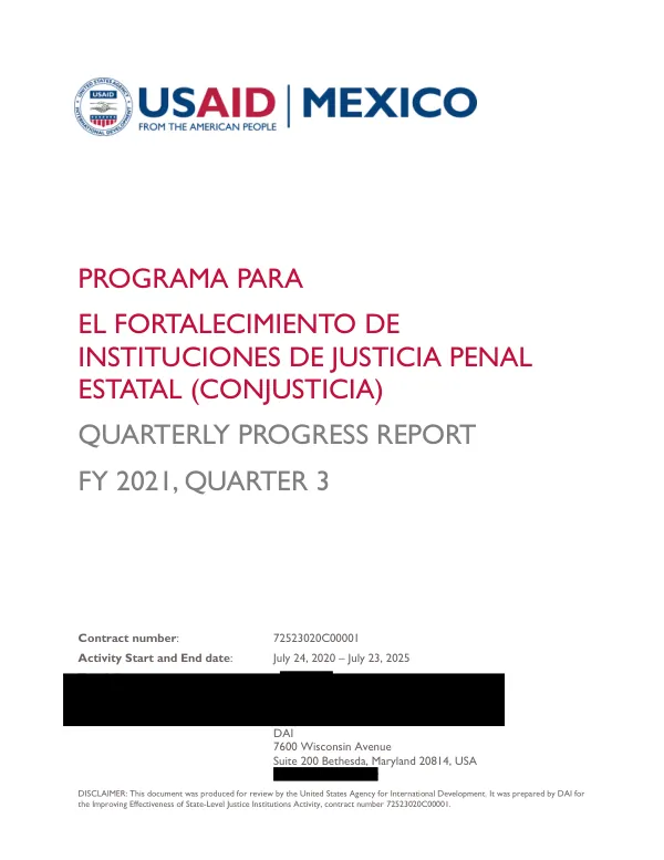 Programa para el Fortalecimiento de Instituciones de Justicia Penal Estatal (ConJusticia) Quarterly Progress Report FY 2021, Quarter 3