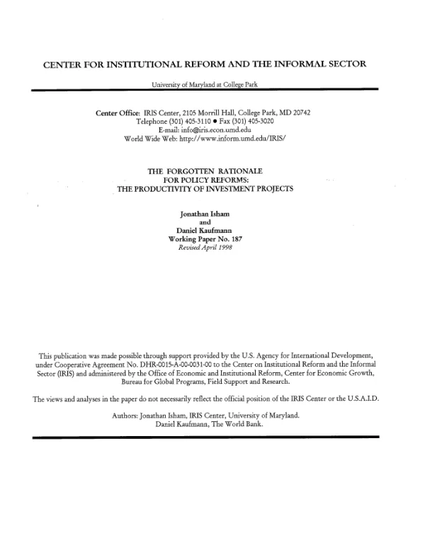 Forgotten rationale for policy reforms : the productivity of investment projects