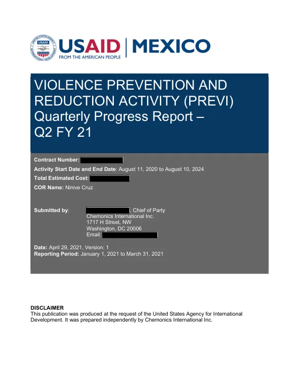 Violence Prevention and Reduction Activity (PREVI) Quarterly Progress Report – Q2 FY 21