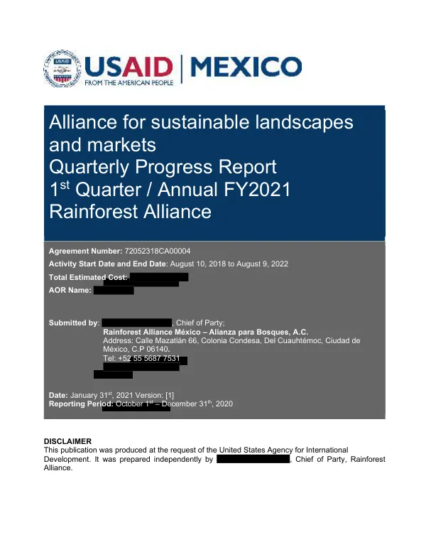 Quarterly Progress Report: Alliance for Sustainable Landscapes and Markets
