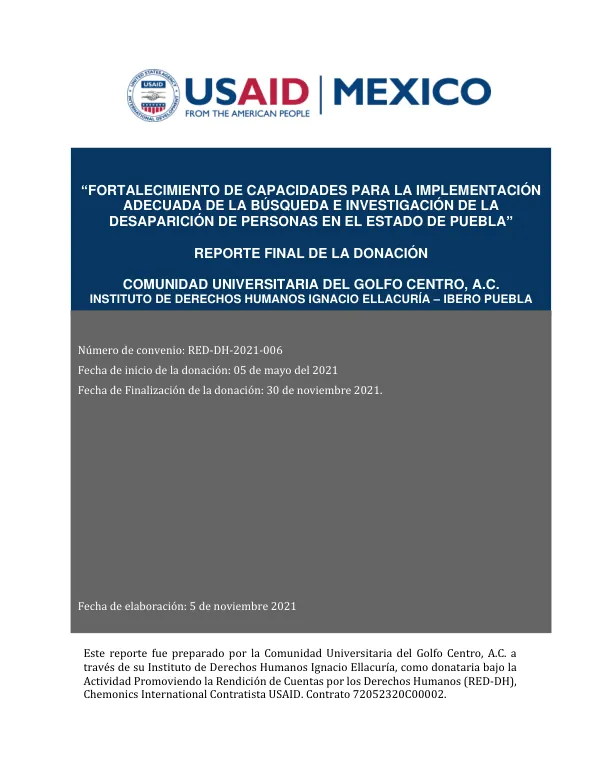 FORTALECIMIENTO DE CAPACIDADES PARA LA IMPLEMENTACIÓN ADECUADA DE LA BÚSQUEDA E INVESTIGACIÓN DE LA DESAPARICIÓN DE PERSONAS EN EL ESTADO DE PUEBLA