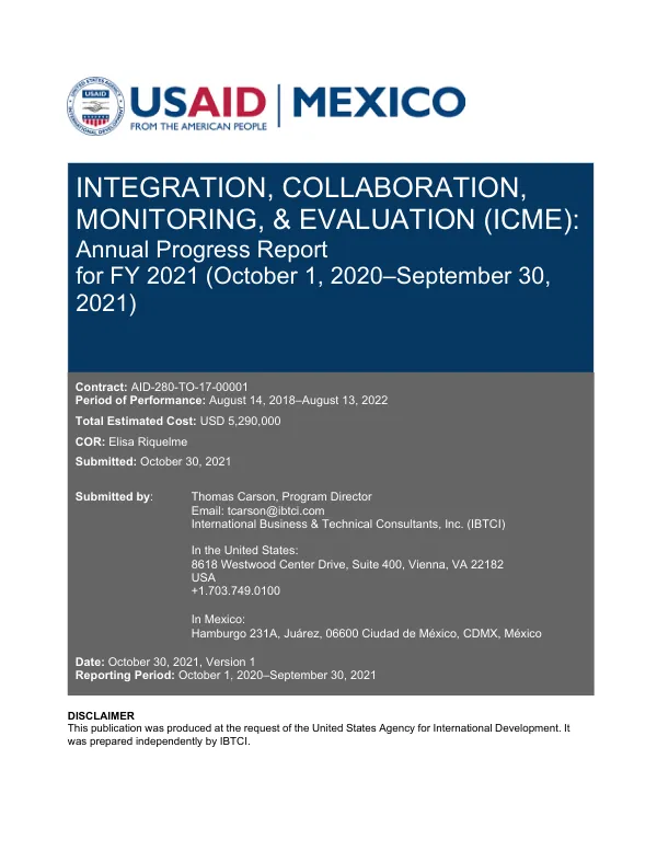 Integration, Collaboration, Monitoring, Evaluation (ICME) Activity, Annual Report FY 2021
