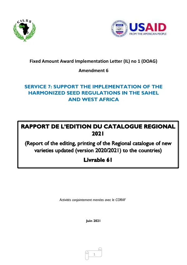Fixed Amount Award Implementation Letter (IL) no 1 (DOAG) Amendment 6 SERVICE 7: SUPPORT THE IMPLEMENTATION OF THE HARMONIZED SEED REGULATIONS IN THE SAHEL AND WEST AFRICA